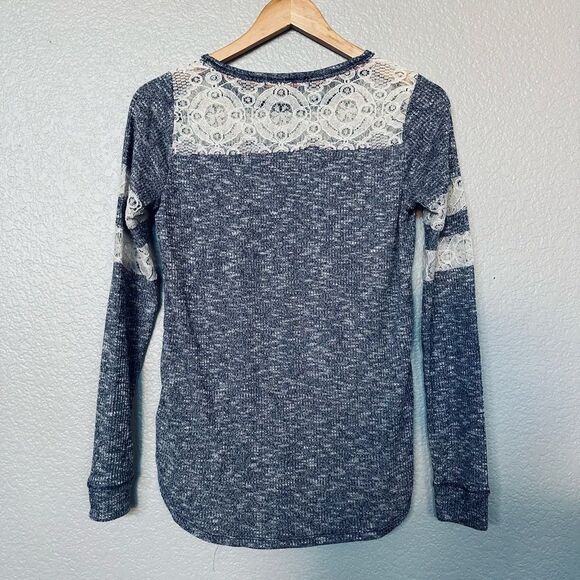 Boho Lace Rewind Navy Blue Knit Sweater Top S - Picture 2 of 3